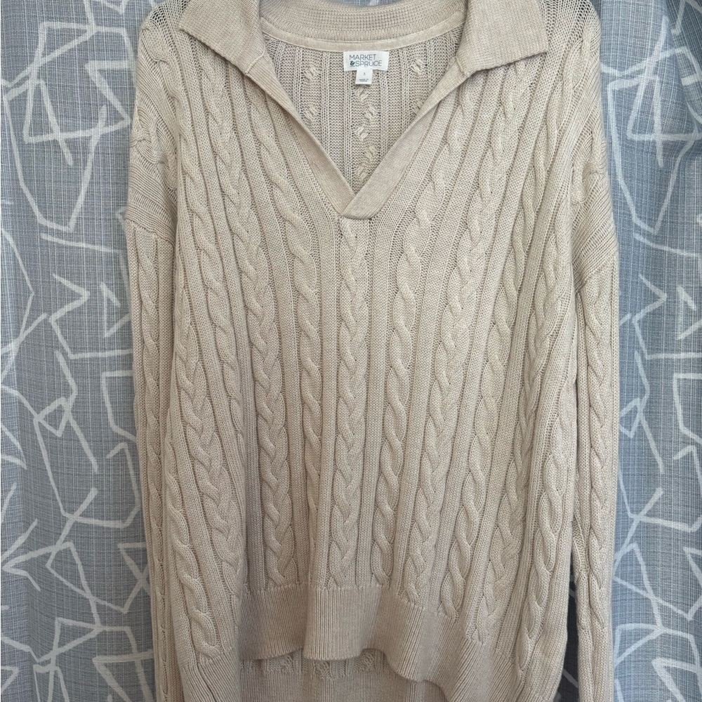 Market & Spruce Beige Cable Knit Collared Sweater - Size L